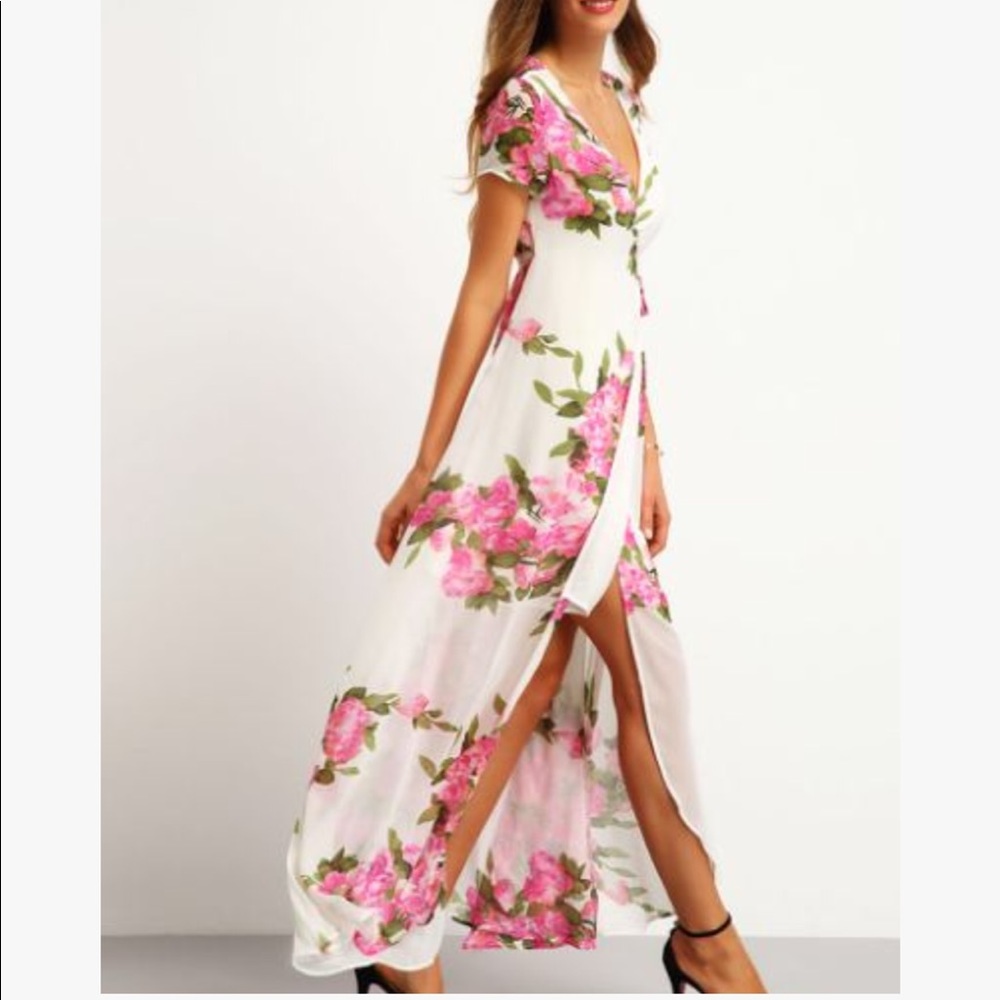 Pink floral wrap maxi dress
